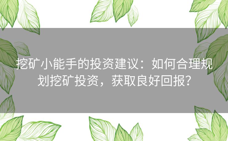 挖矿小能手的投资建议：如何合理规划挖矿投资，获取良好回报？