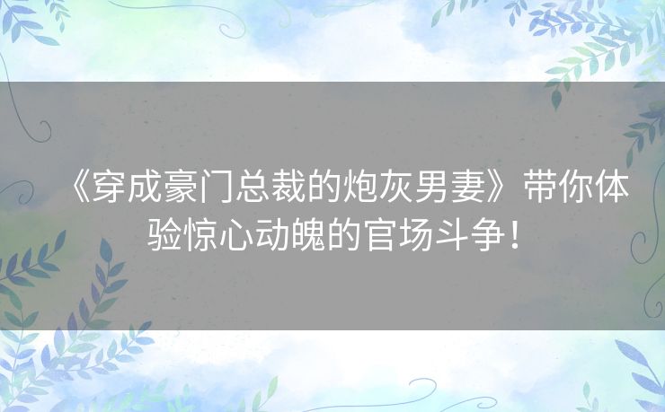 《穿成豪门总裁的炮灰男妻》带你体验惊心动魄的官场斗争！